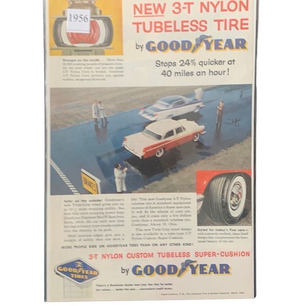 Vintage 1956 Goodyear NEW 3-T Nylon Tubeless Tire Ad Advertisement